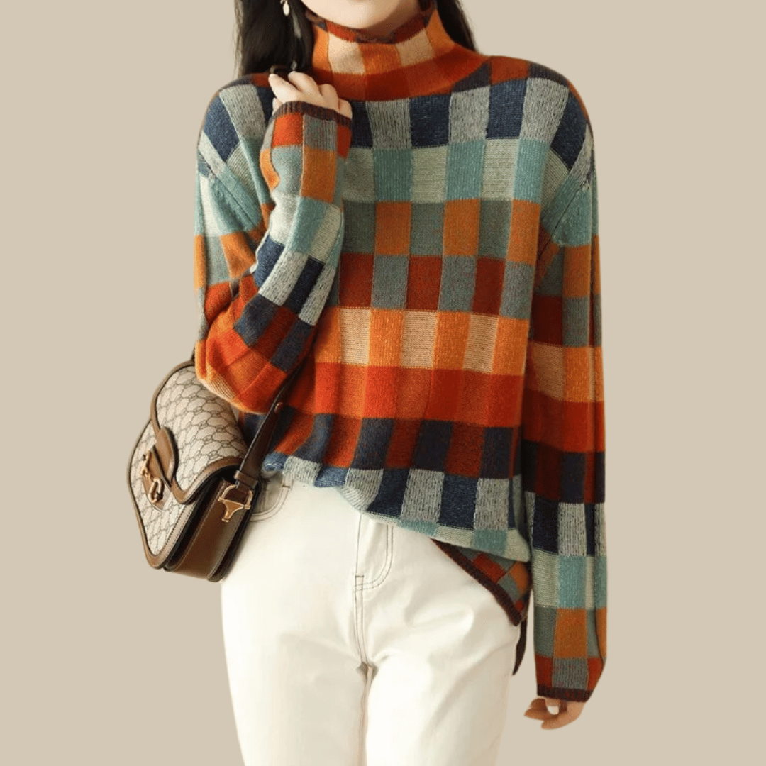 Pull à Col Roulé en Cachemire Doux | Design Patchwork Élégant