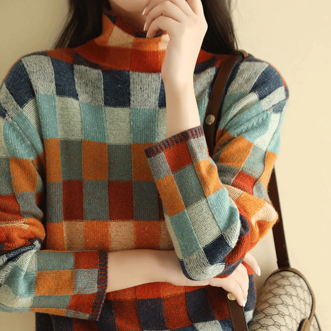 Pull à Col Roulé en Cachemire Doux | Design Patchwork Élégant