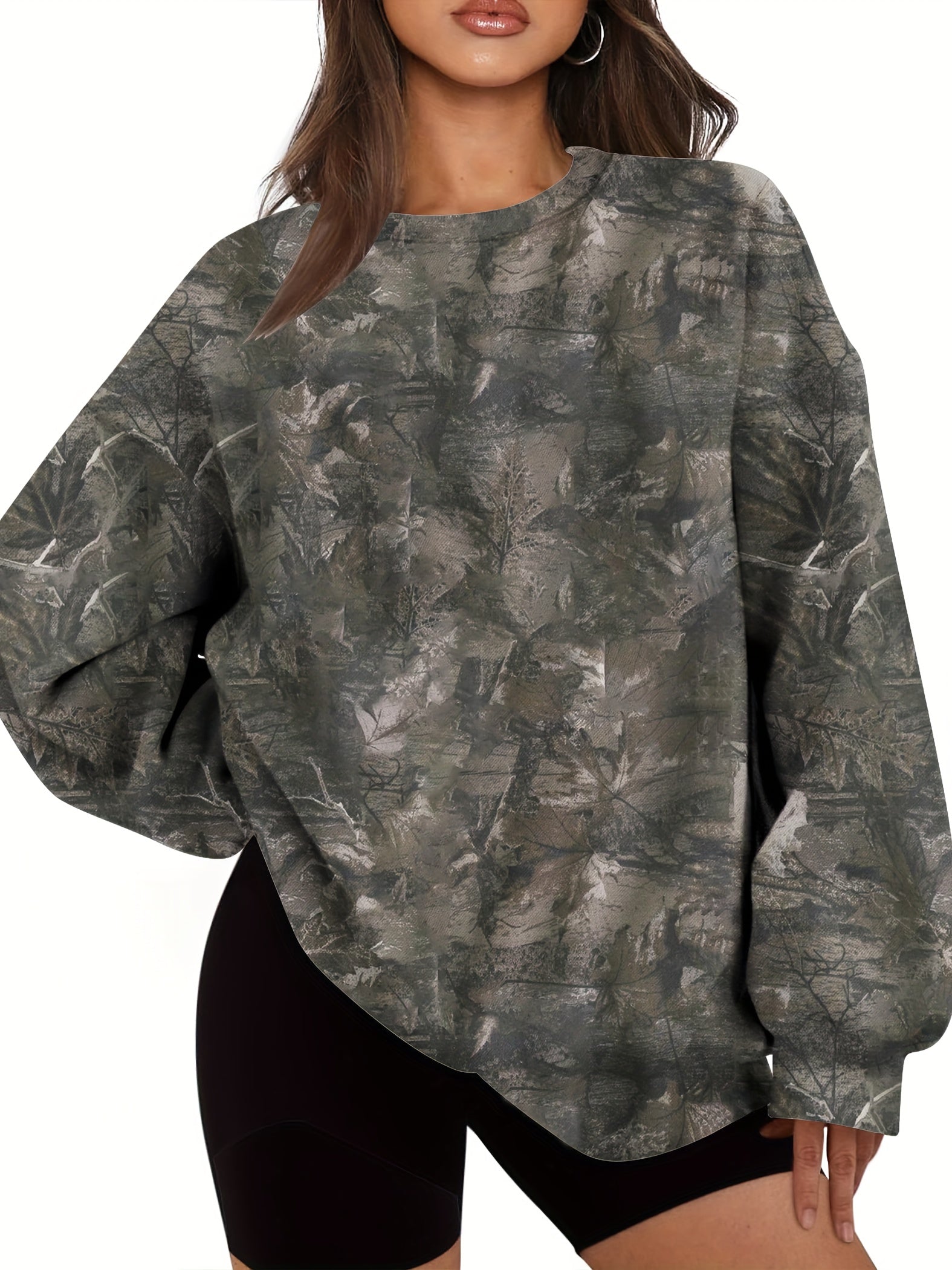 UrbanLeaf™ Sweat-shirt Oversize Camouflage pour Femme – Pull Loose à Manches Longues avec Poignets Côtelés