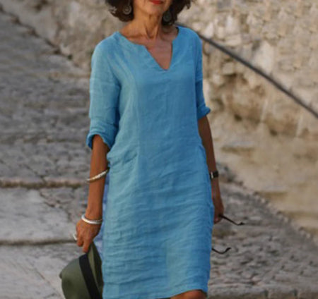 Solènea | Robe Longue en Lin à Manches Longues et Col en V – Élégance Naturelle