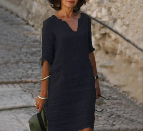 Solènea | Robe Longue en Lin à Manches Longues et Col en V – Élégance Naturelle
