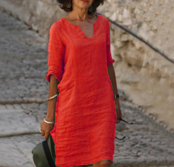 Solènea | Robe Longue en Lin à Manches Longues et Col en V – Élégance Naturelle