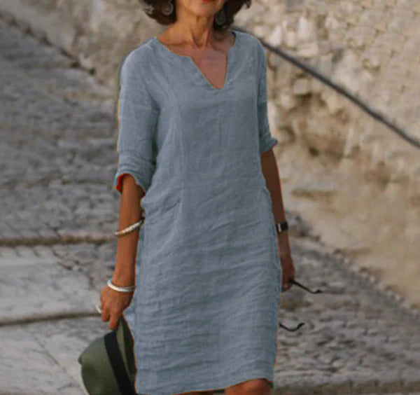 Solènea | Robe Longue en Lin à Manches Longues et Col en V – Élégance Naturelle