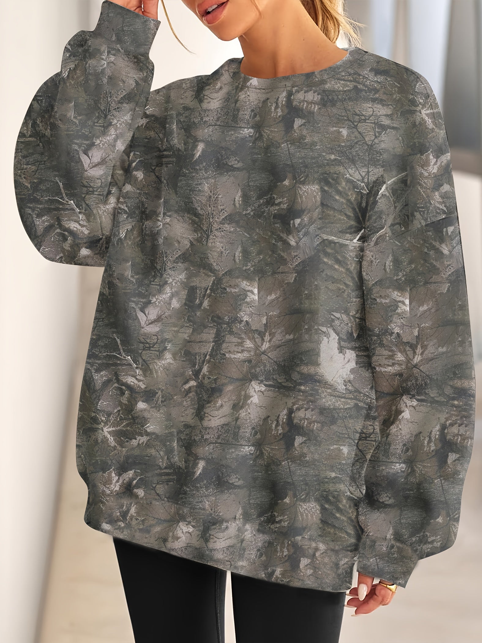 UrbanLeaf™ Sweat-shirt Oversize Camouflage pour Femme – Pull Loose à Manches Longues avec Poignets Côtelés