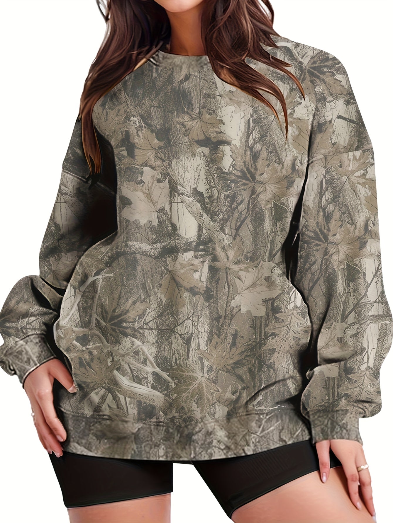 UrbanLeaf™ Sweat-shirt Oversize Camouflage pour Femme – Pull Loose à Manches Longues avec Poignets Côtelés