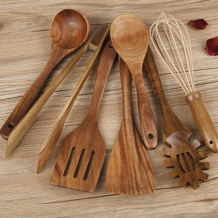 Ensemble d'ustensiles en bois Culinawood - Outils de cuisine en teck de première qualité pour une utilisation durable, antiadhésive et résistante à la chaleur