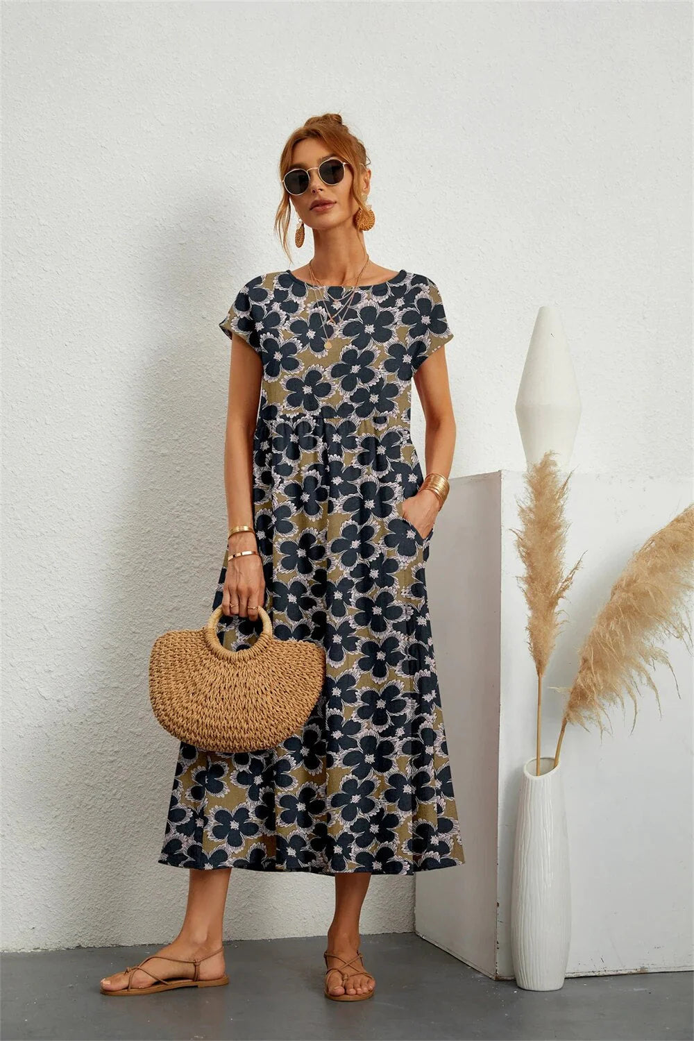 SADOPER | Robe Midi Fleurie en Coton et Lin – Manches Courtes & Col Rond, Confort et Élégance