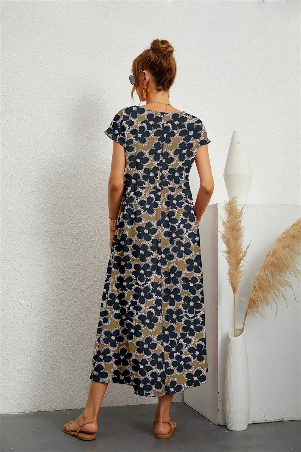 SADOPER | Robe Midi Fleurie en Coton et Lin – Manches Courtes & Col Rond, Confort et Élégance