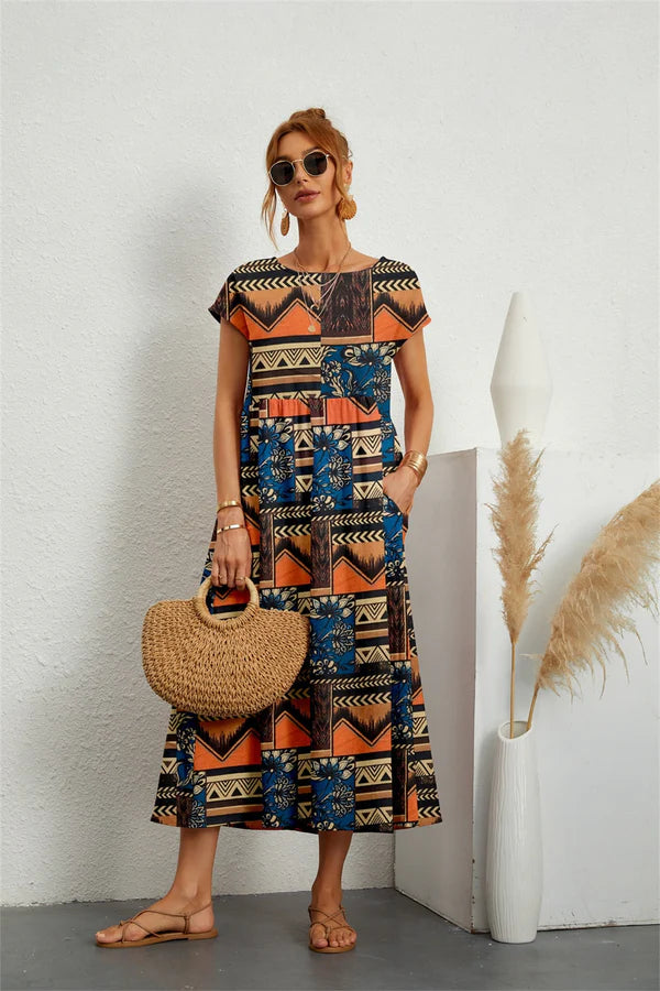 SADOPER | Robe Midi Fleurie en Coton et Lin – Manches Courtes & Col Rond, Confort et Élégance