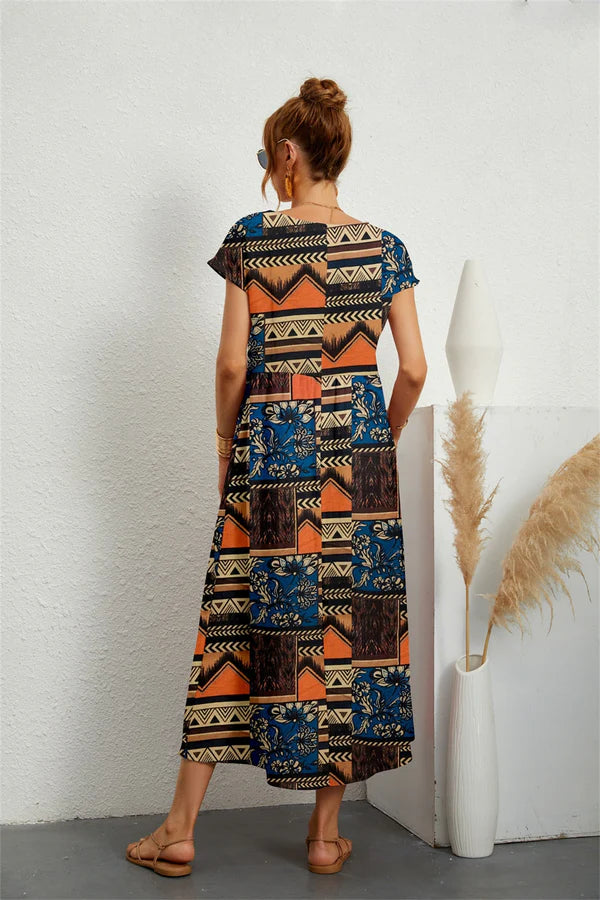 SADOPER | Robe Midi Fleurie en Coton et Lin – Manches Courtes & Col Rond, Confort et Élégance