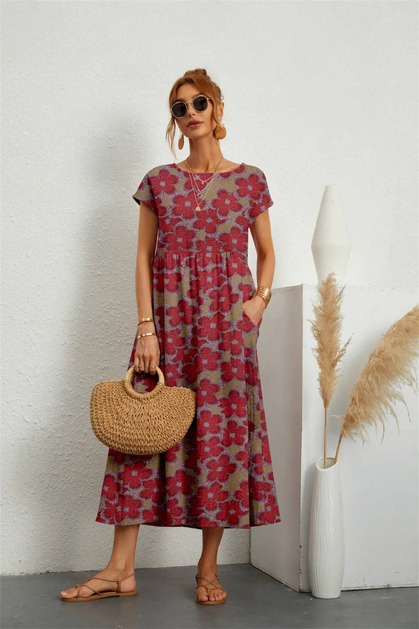 SADOPER | Robe Midi Fleurie en Coton et Lin – Manches Courtes & Col Rond, Confort et Élégance