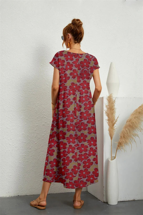 SADOPER | Robe Midi Fleurie en Coton et Lin – Manches Courtes & Col Rond, Confort et Élégance